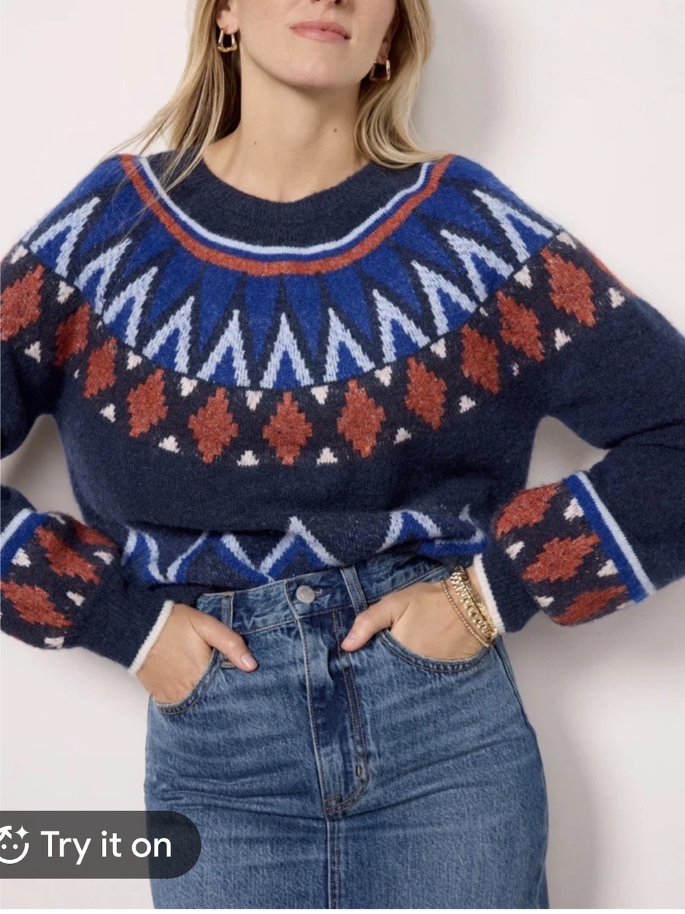 Sundry Navy Fair Isle Crewneck Sweater with Rust & Royal Blue Accents